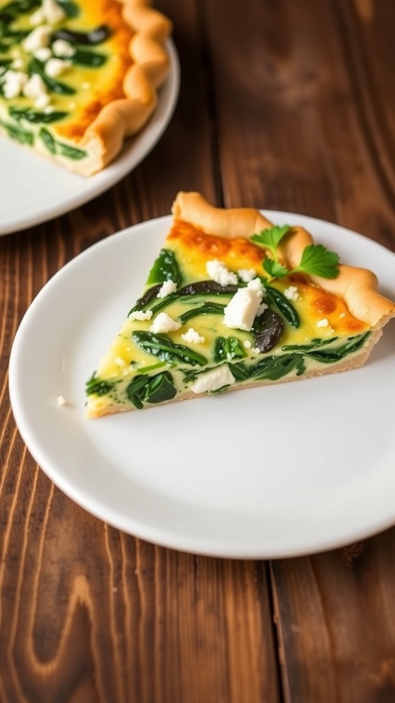 Healthy Spinach and Feta Quiche A slice of spinach and feta quiche on a plate, highlighting its golden crust and green filling, served on a rustic table.